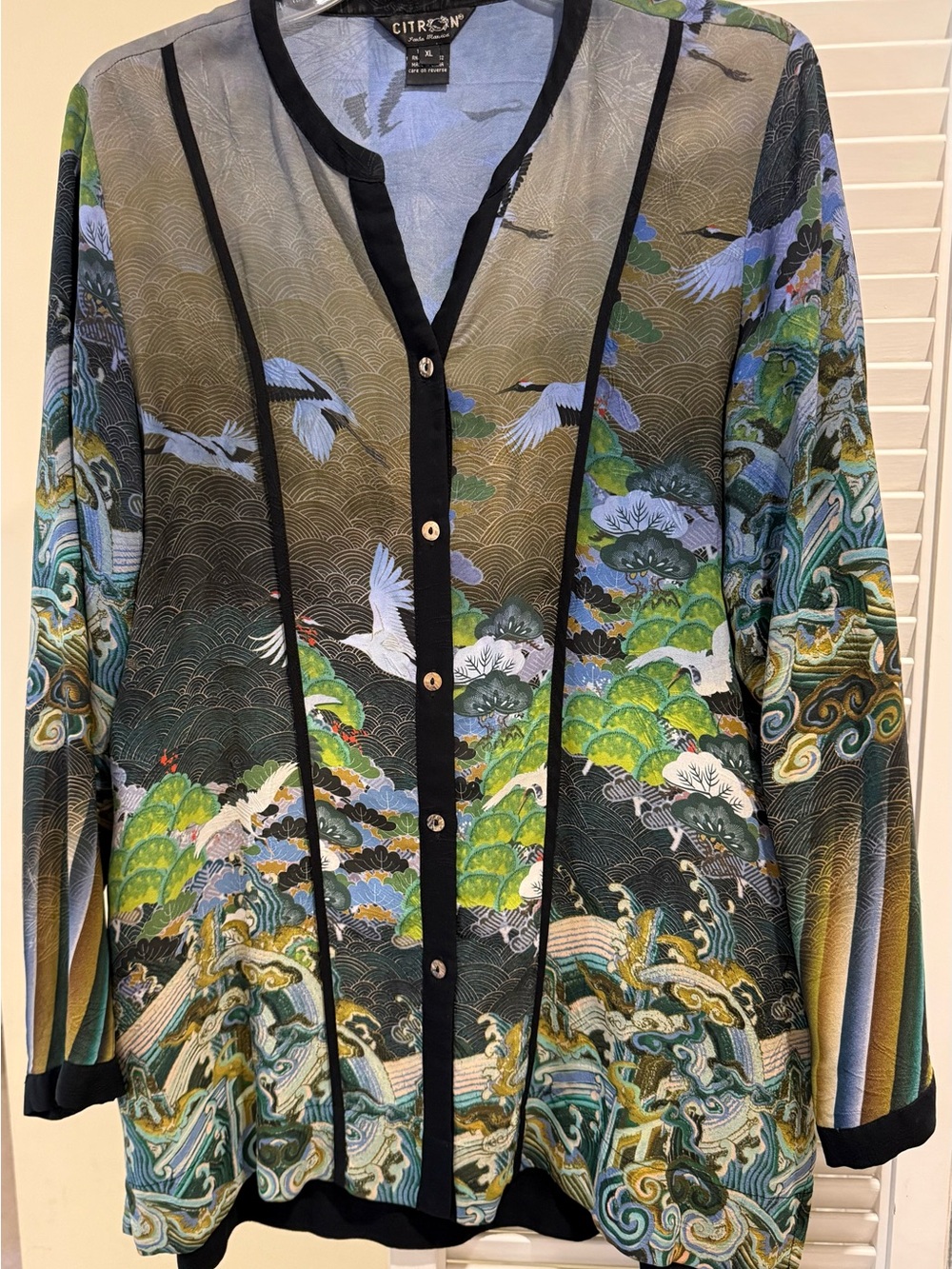 Citron Santa Monica XL Japanese Crane Wearable Art Blouse Tunic